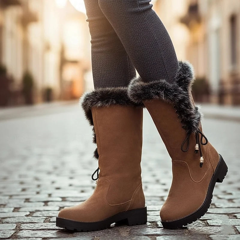 Women's yellow fur-Trimmed Flat Knee-High Lace-Up Boots for Winter