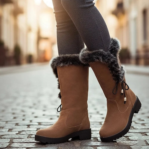 Women's yellow fur-Trimmed Flat Knee-High Lace-Up Boots for Winter