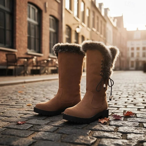 Women's dark brown fur-Trimmed Flat Knee-High Lace-Up Boots for Winter