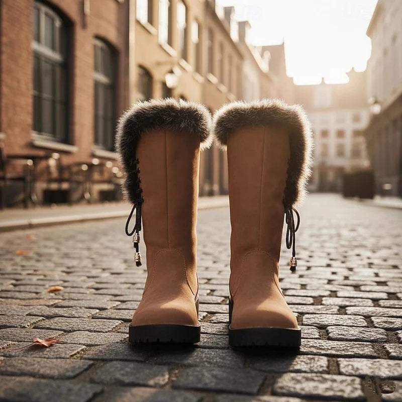Women's black fur-Trimmed Flat Knee-High Lace-Up Boots for Winter