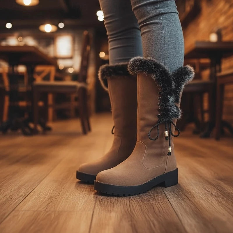 Women's black fur-Trimmed Flat Knee-High Lace-Up Boots for Winter