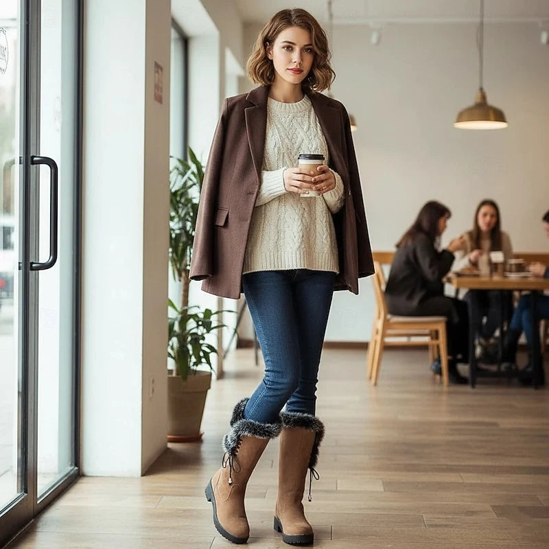 Women's black fur-Trimmed Flat Knee-High Lace-Up Boots for Winter