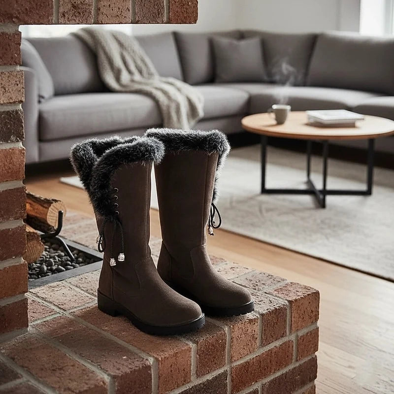 Women's black fur-Trimmed Flat Knee-High Lace-Up Boots for Winter