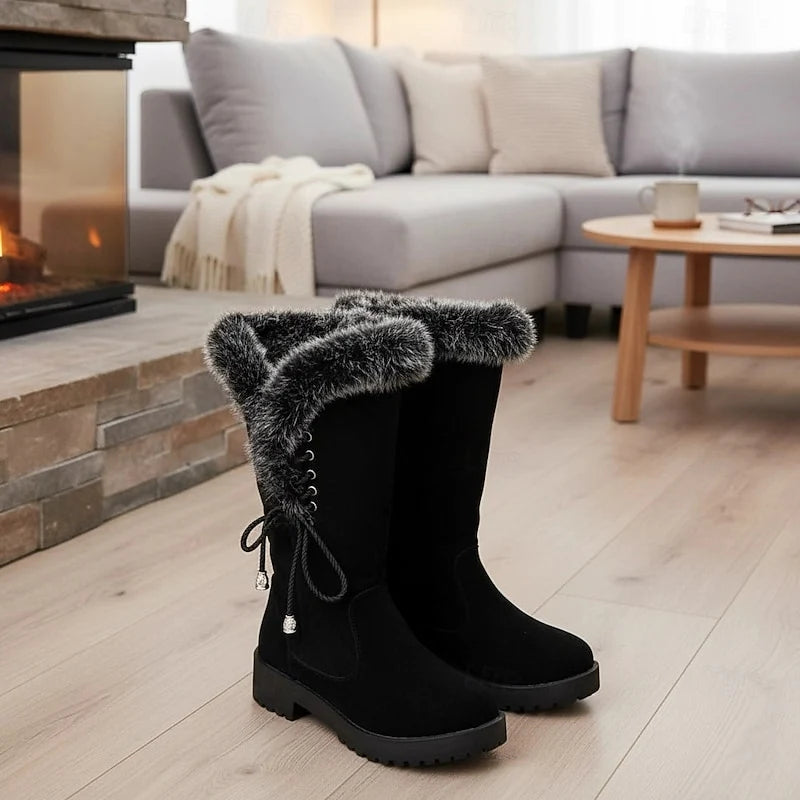 Women's black fur-Trimmed Flat Knee-High Lace-Up Boots for Winter