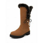 Women's black fur-Trimmed Flat Knee-High Lace-Up Boots for Winter