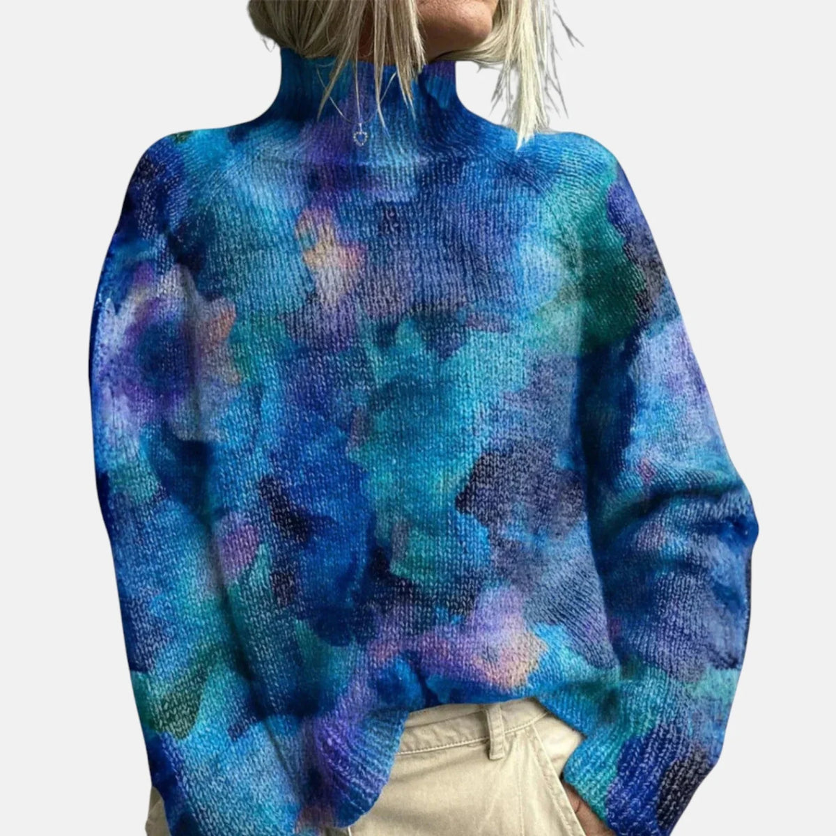 Women's blue soft knit turtleneck sweater