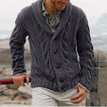 Men's dark gray cable-knit Shawl Collar Cardigan with Button Front
