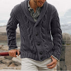 Men's dark gray cable-knit Shawl Collar Cardigan with Button Front