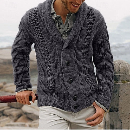 Men's dark gray cable-knit Shawl Collar Cardigan with Button Front