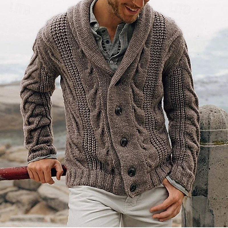 Men's khaki cable-knit Shawl Collar Cardigan with Button Front