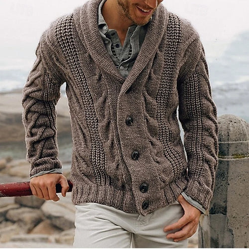 Men's khaki cable-knit Shawl Collar Cardigan with Button Front