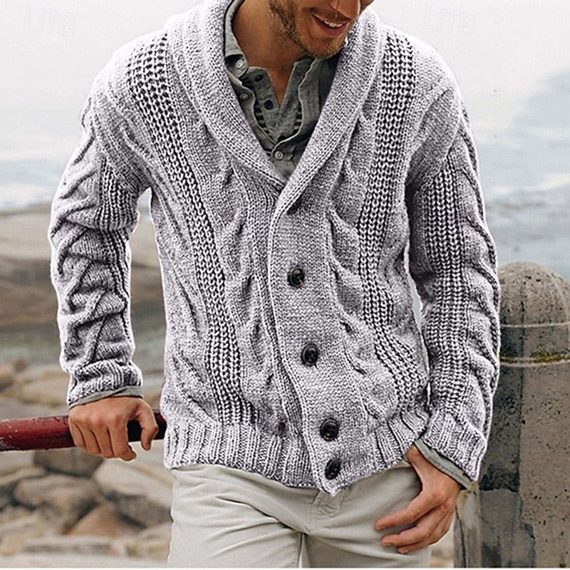 Men's light gray cable-knit Shawl Collar Cardigan with Button Front
