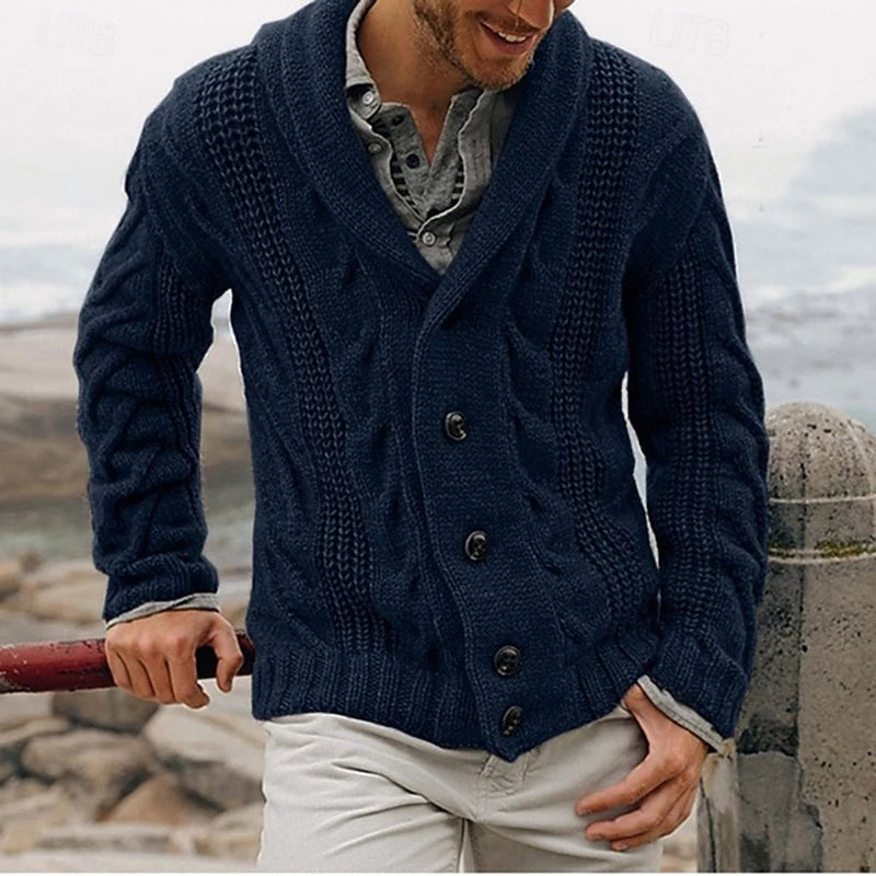 Men's blue cable-knit Shawl Collar Cardigan with Button Front