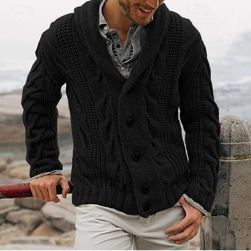 Men's black cable-knit Shawl Collar Cardigan with Button Front
