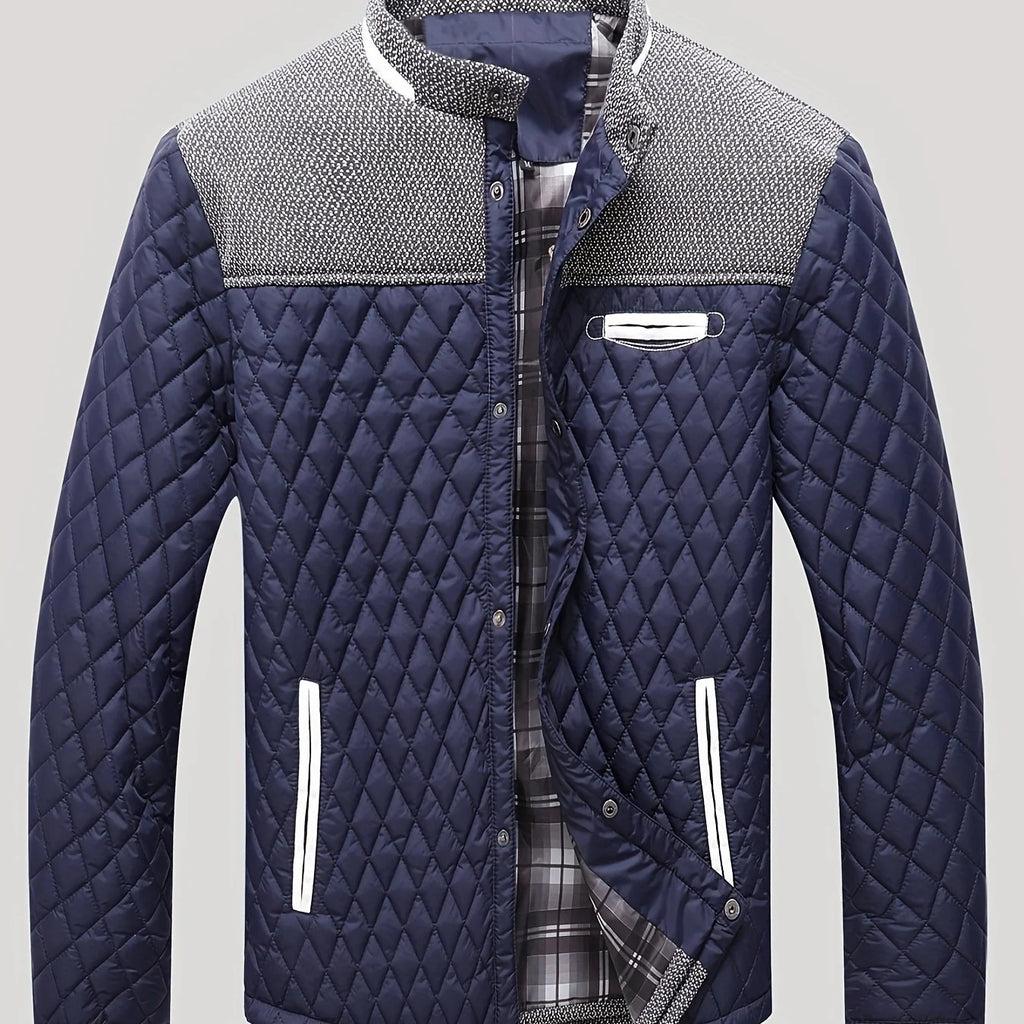 Men's navy diamond quilted jacket, stand collar detail