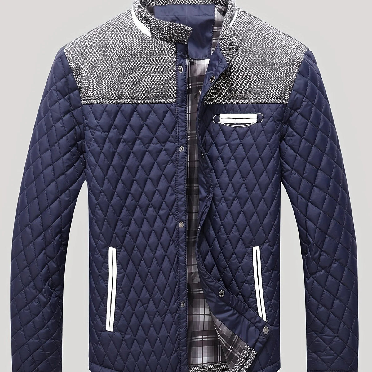 Men's navy diamond quilted jacket, stand collar detail