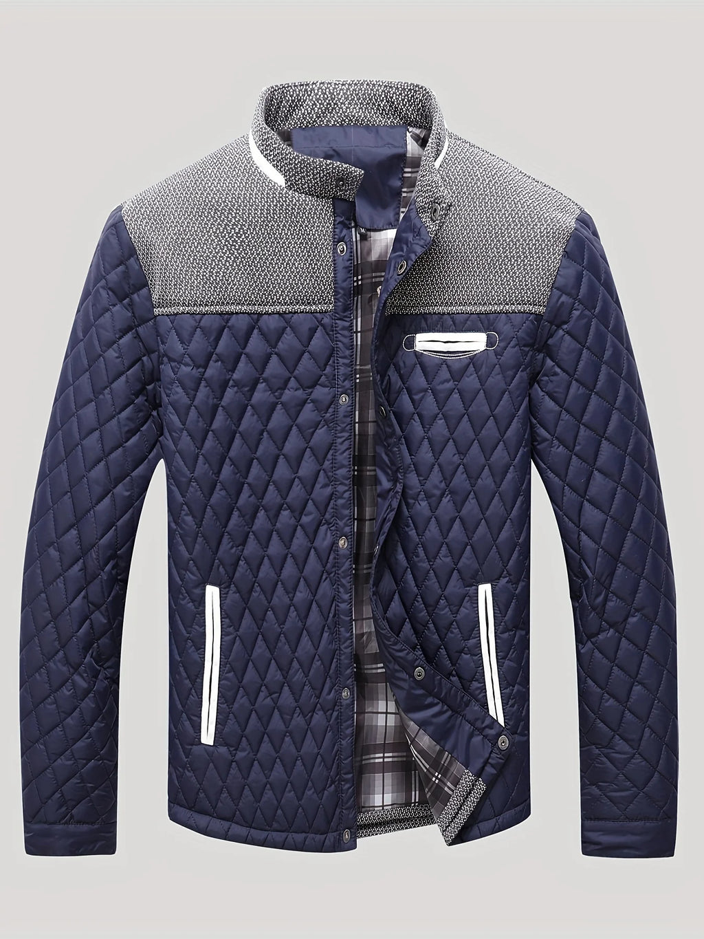 Men's navy quilted jacket with tweed trim, front view