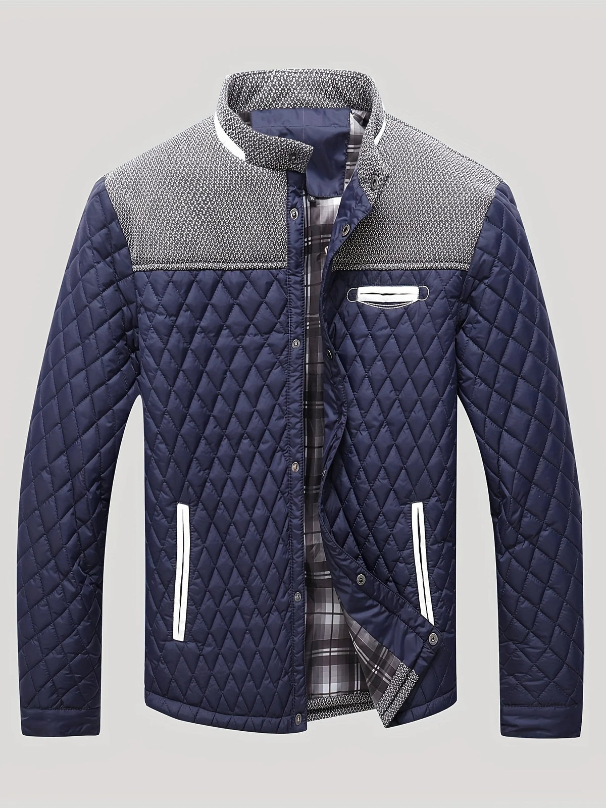 Men's navy quilted jacket with tweed trim, front view
