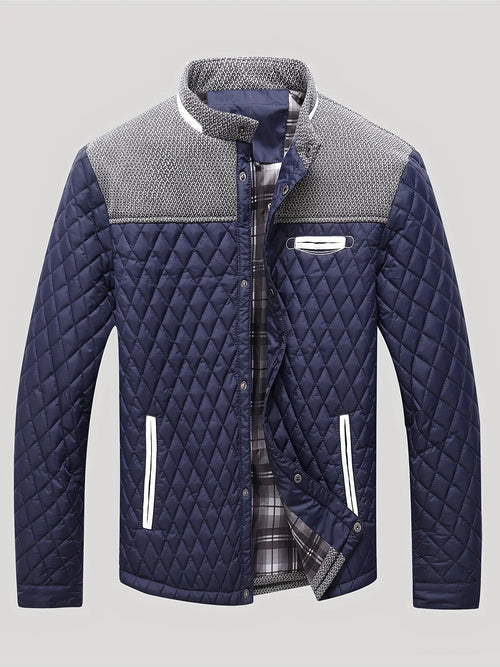 Men's navy quilted jacket with tweed trim, front view