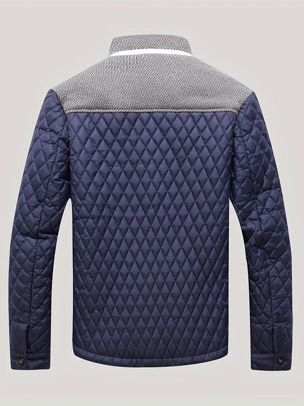 Men's navy quilted stand collar jacket, back view