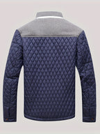 Men's navy quilted stand collar jacket, back view