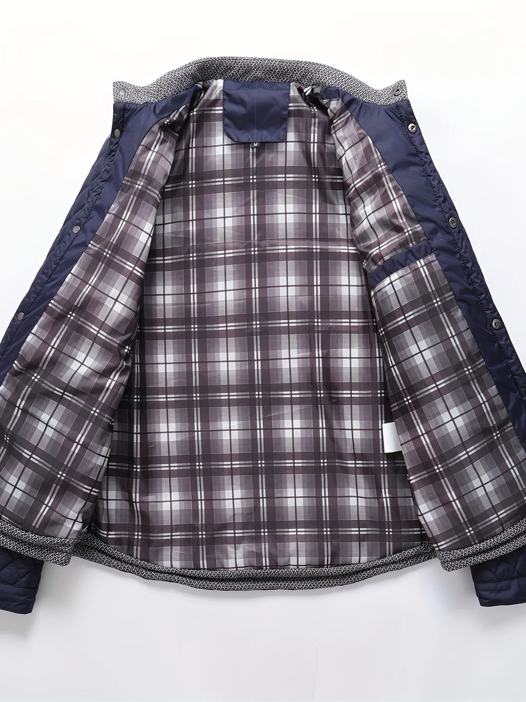 Men's navy quilted jacket, plaid lining detail