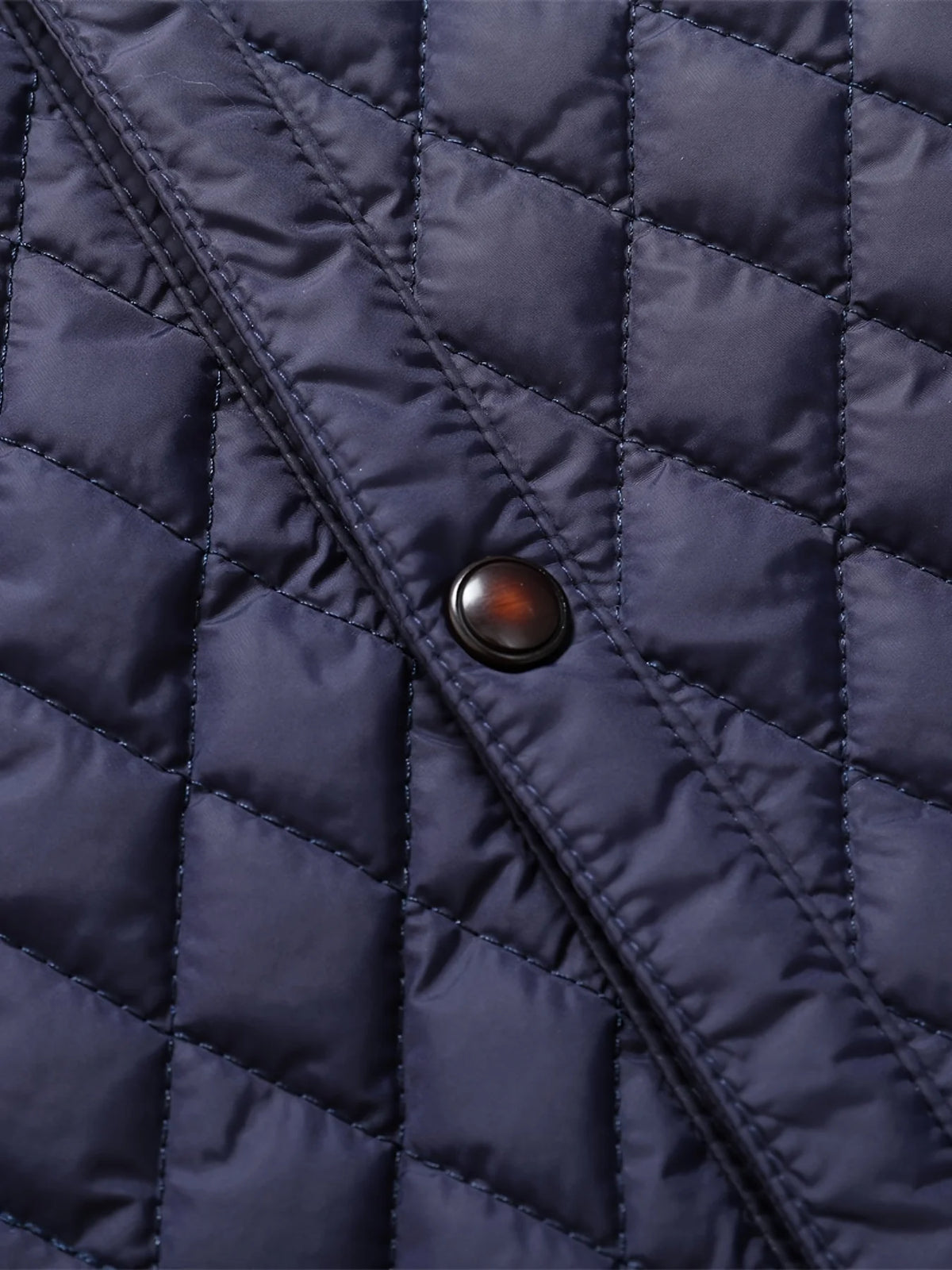 Men's black quilted jacket, button and quilting detail