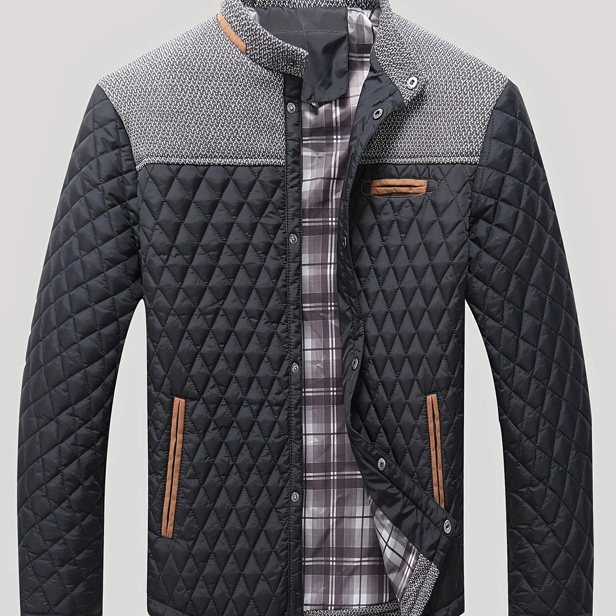 Men's black diamond quilted stand collar jacket