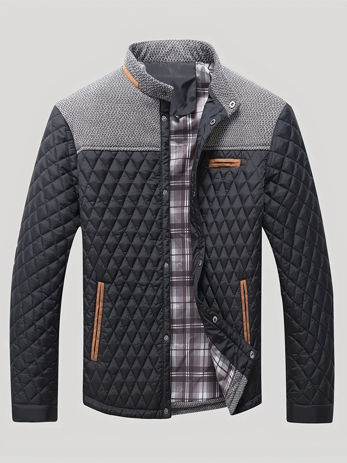 Men's black quilted jacket with tweed trim, back view