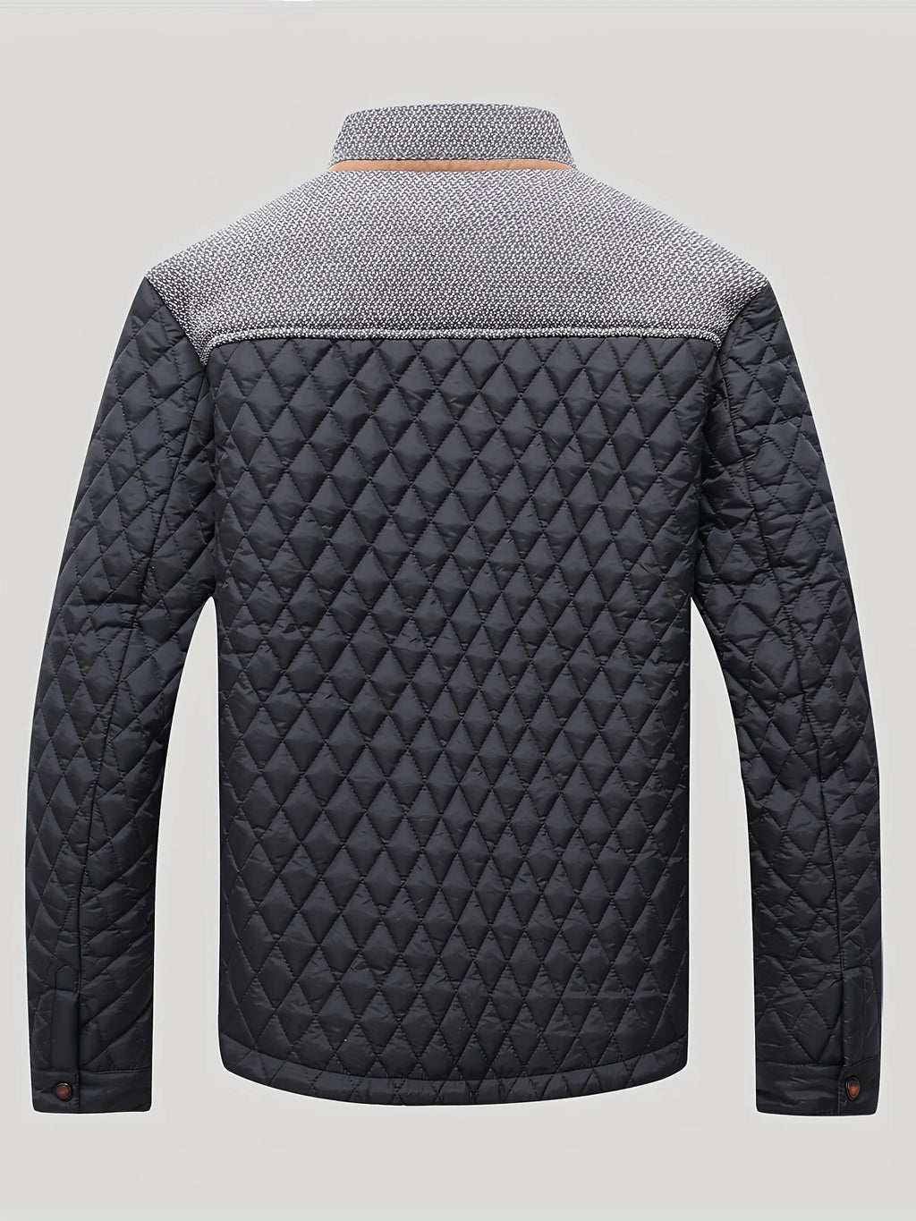 Men's khaki quilted stand collar jacket, front view