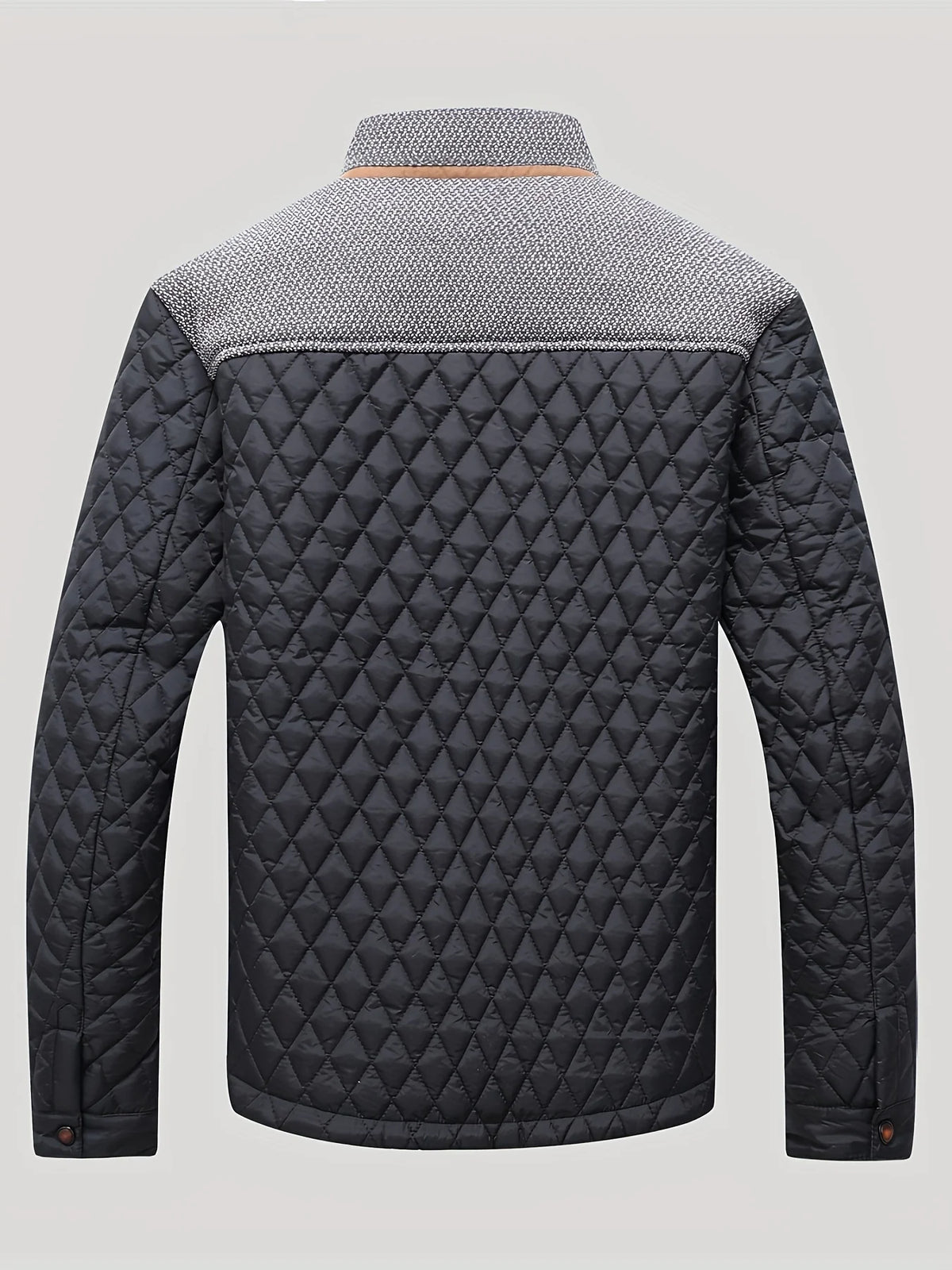 Men's khaki quilted stand collar jacket, front view