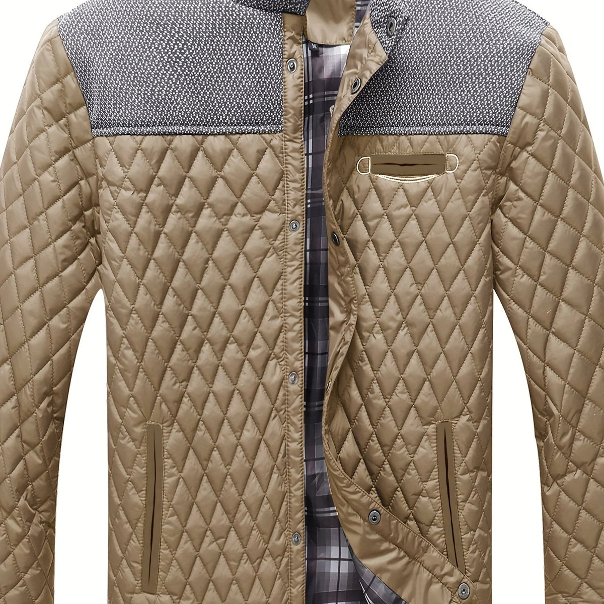 Men's khaki quilted jacket, pocket and placket detail