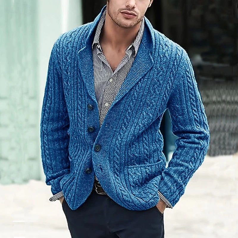 Men's blue chunky Cable-Knit Shawl Collar Cardigan with Pockets