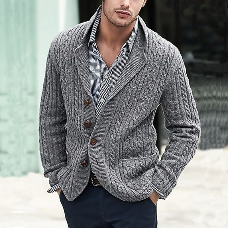 Men's gray chunky Cable-Knit Shawl Collar Cardigan with Pockets