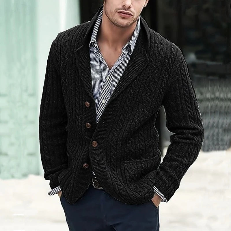 Men's black chunky Cable-Knit Shawl Collar Cardigan with Pockets