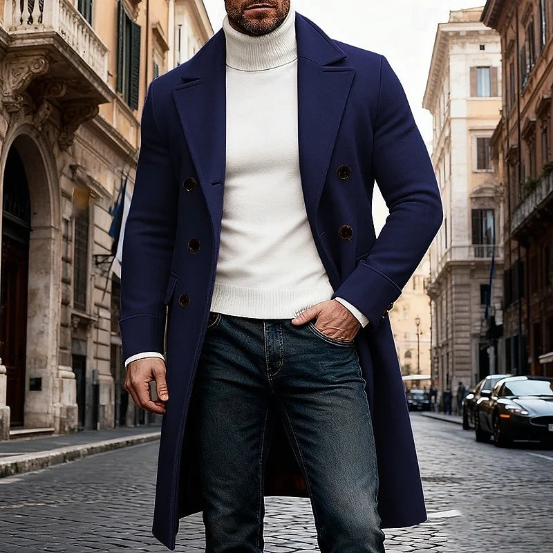 Men's black refined Double-Breasted Overcoat, Six-Button