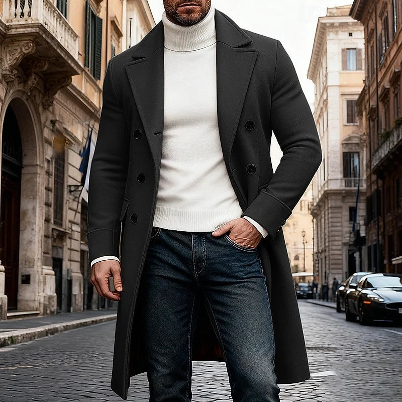 Men's black refined Double-Breasted Overcoat, Six-Button