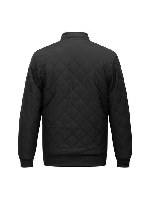 Men's black relaxed-fit quilted bomber jacket with zip pocket