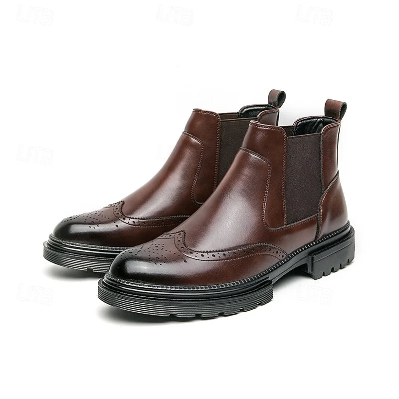 Men's brown wingtip Brogue Chelsea Boots with Elastic Panels