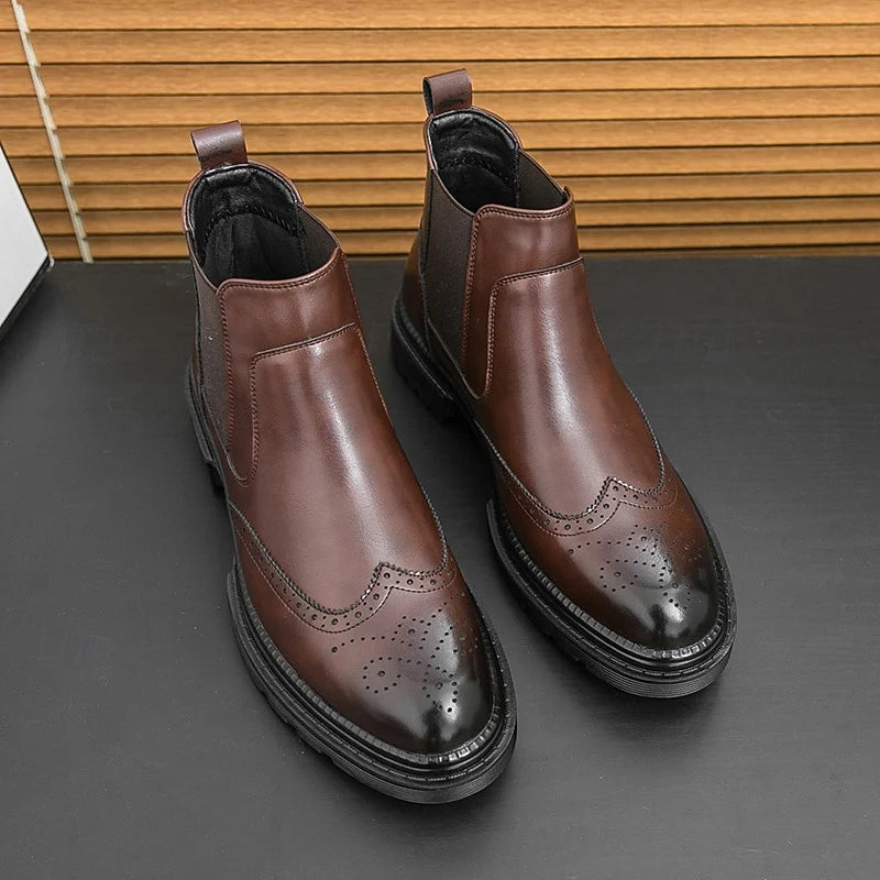 Men's black wingtip Brogue Chelsea Boots with Elastic Panels