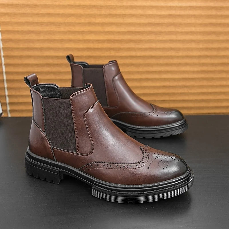 Men's black wingtip Brogue Chelsea Boots with Elastic Panels