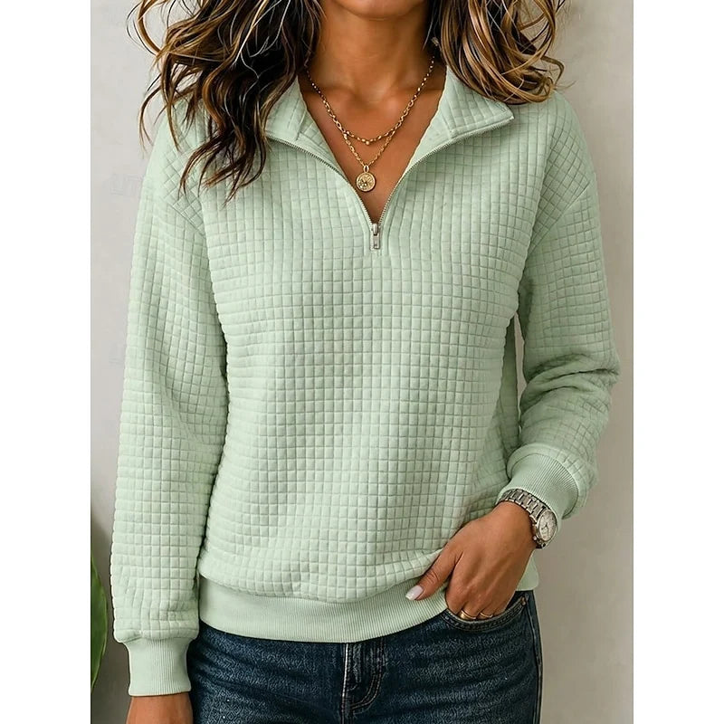 Women's light green textured-knit quarter-zip sweater with ribbed trim