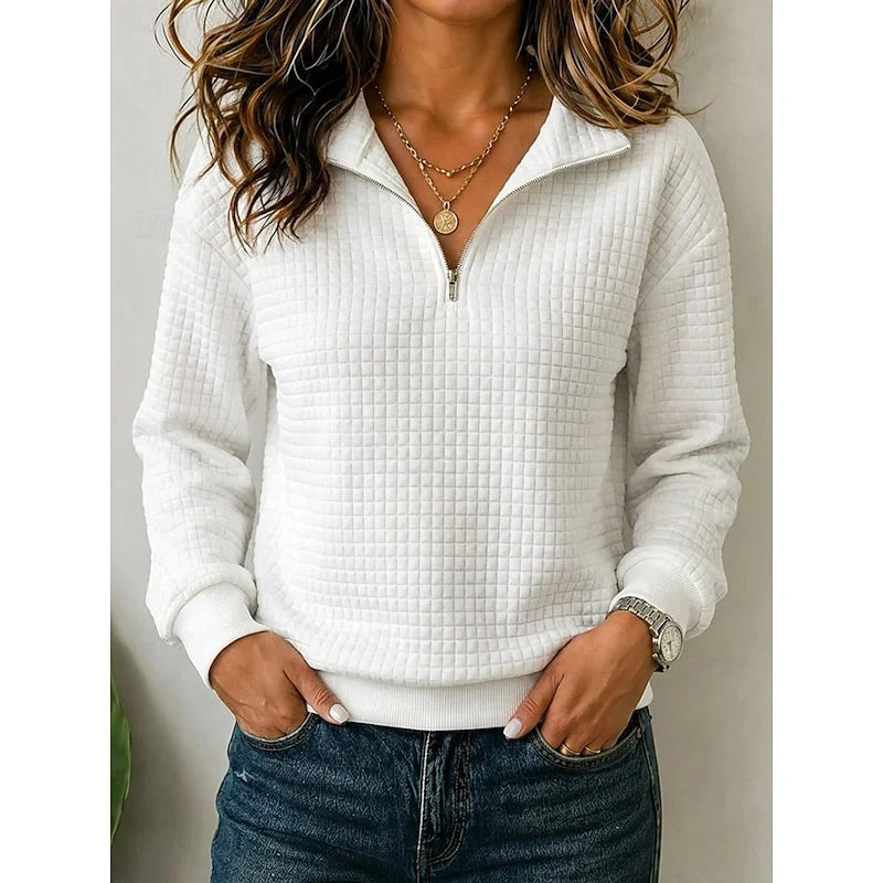 Women's white textured-knit quarter-zip sweater with ribbed trim