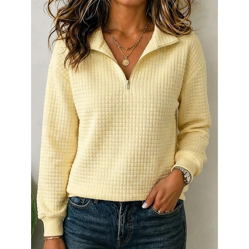 Women's dark gray textured-knit quarter-zip sweater with ribbed trim