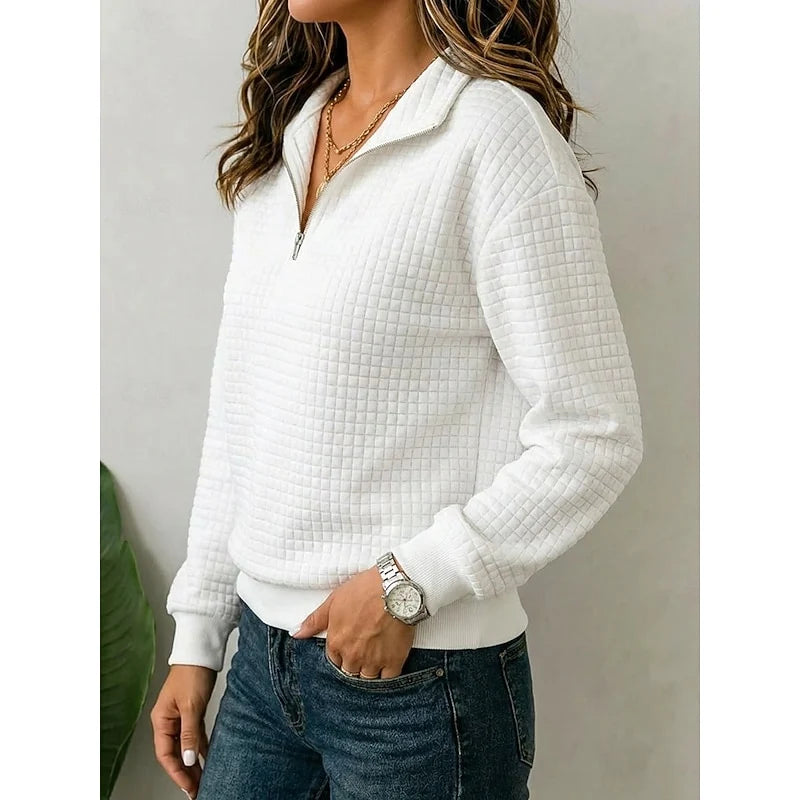 Women's white textured-knit quarter-zip sweater with ribbed trim