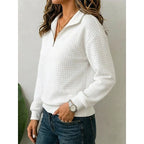 Women's white textured-knit quarter-zip sweater with ribbed trim