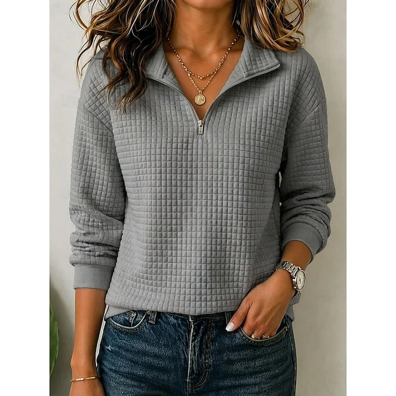 Women's dark gray textured-knit quarter-zip sweater with ribbed trim
