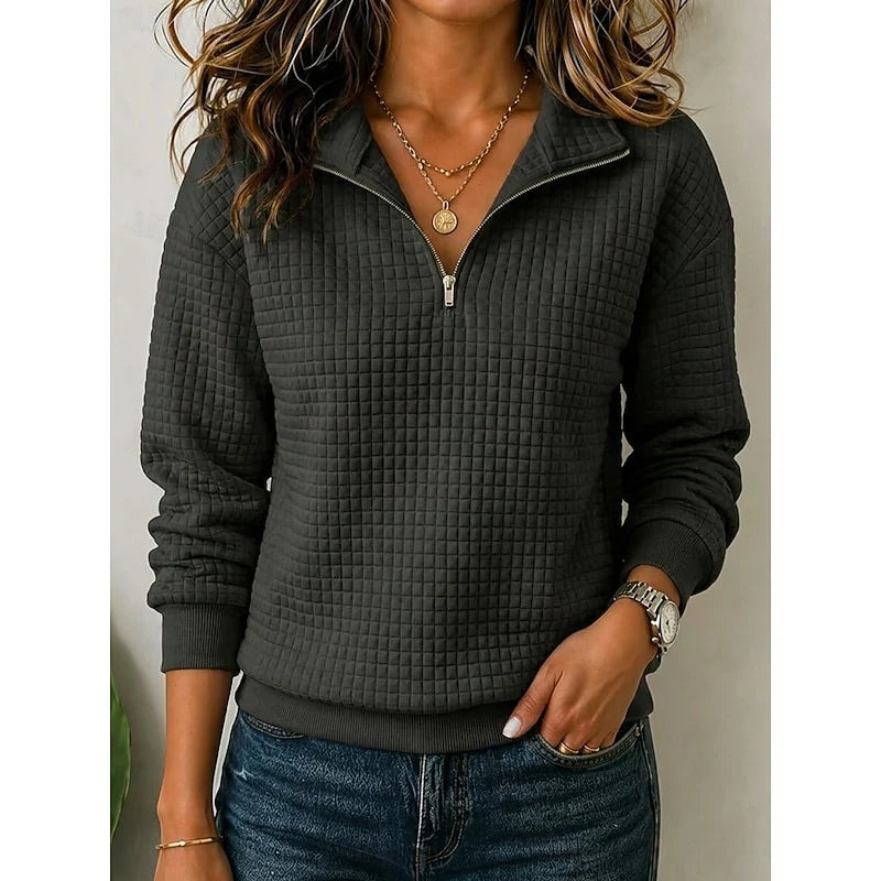 Women's dark gray textured-knit quarter-zip sweater with ribbed trim