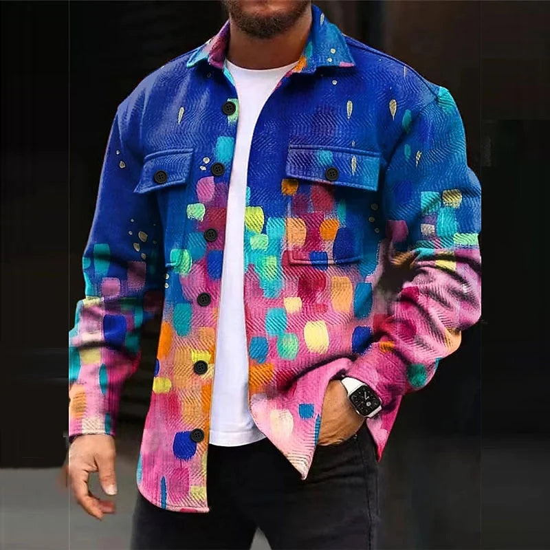 Men's blue abstract print overshirt with chest flap pockets