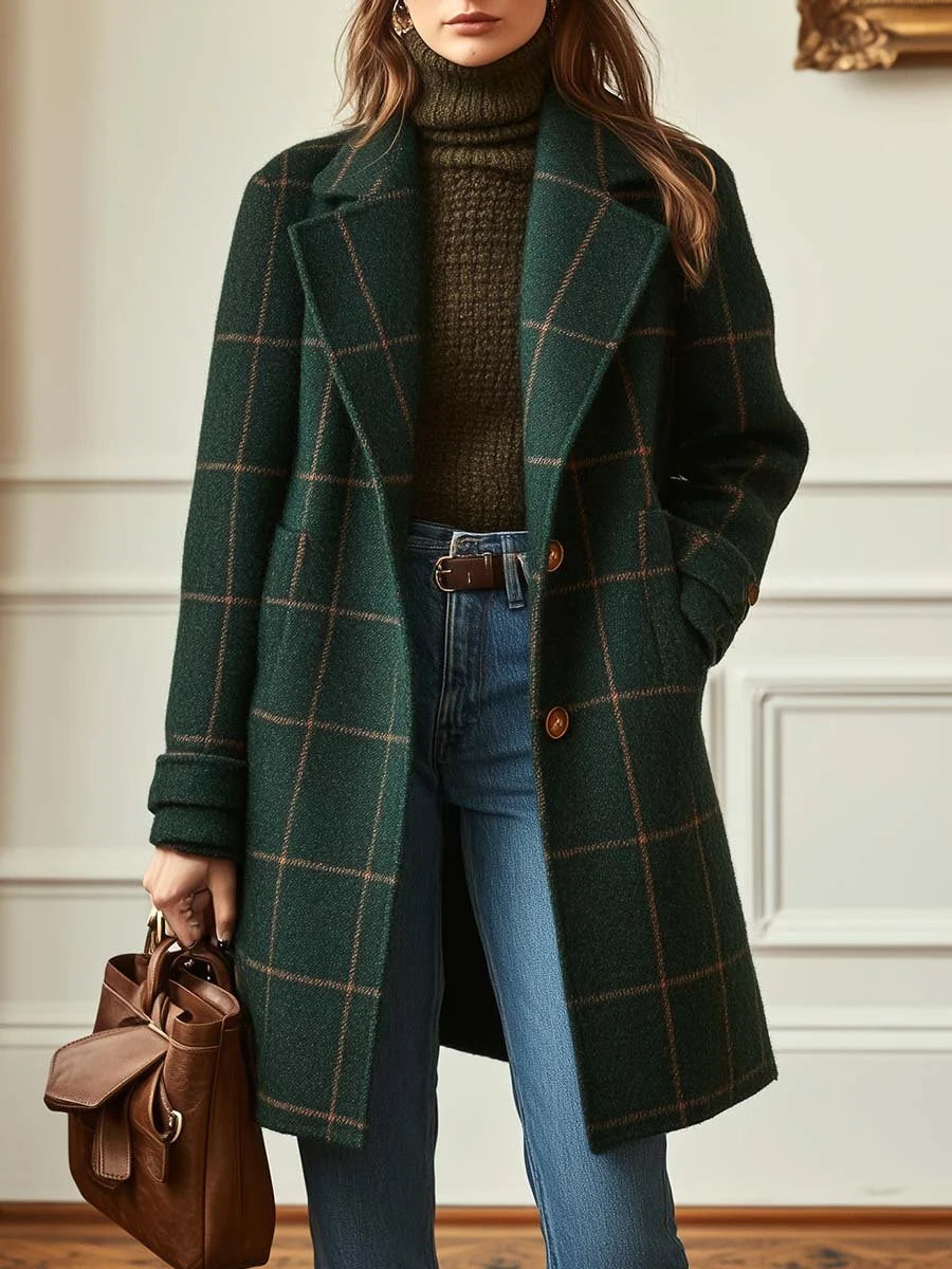 Women's forest green plaid long coat